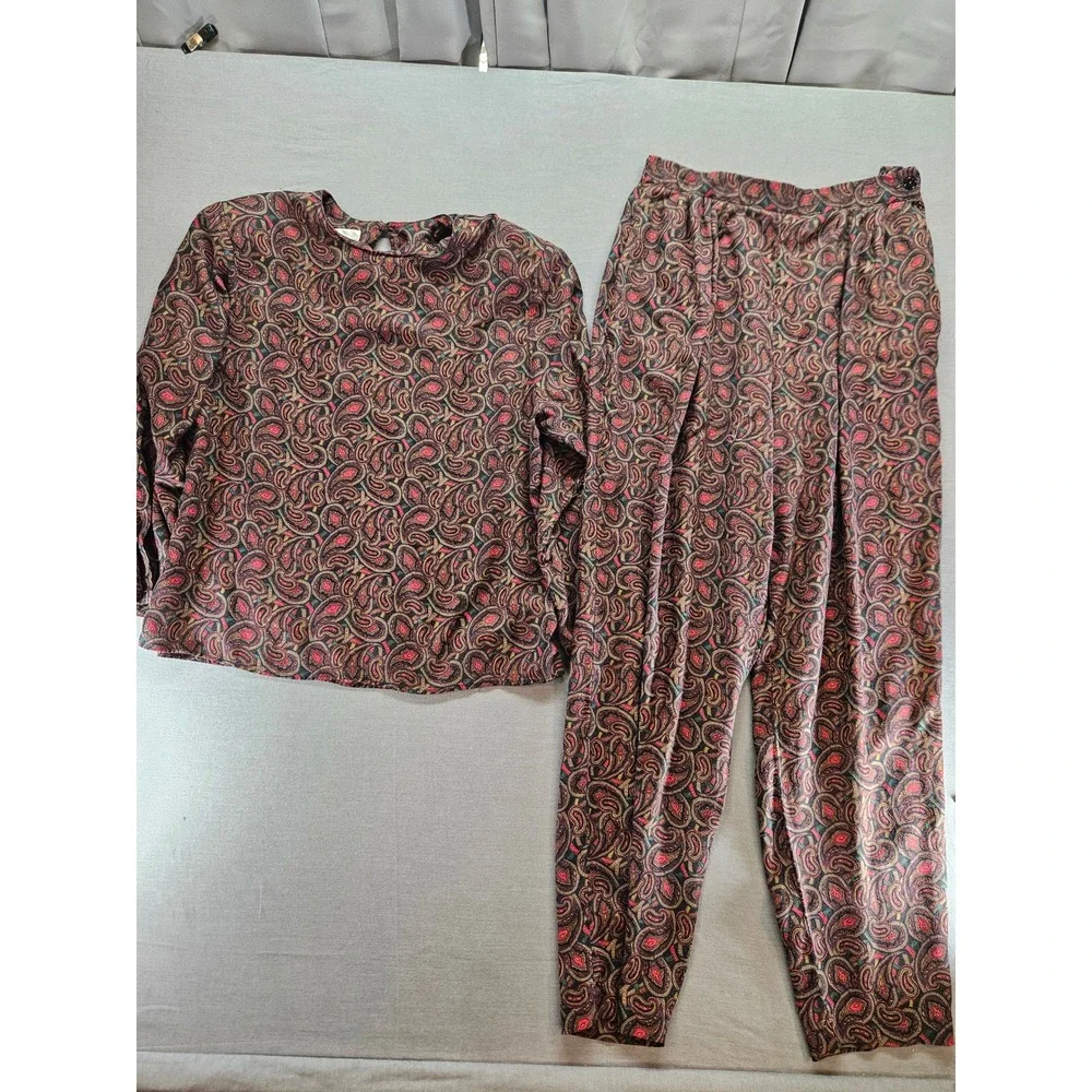 Vintage Portraits Northern Isles Paisley 2 Piece Set Rayon Blouse Pants Size 14